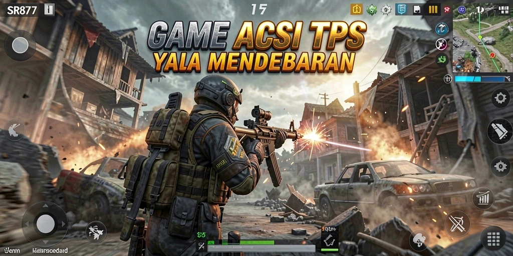 Screenshot gameplay SR877 menunjukkan aksi tembak-menembak yang mendebarkan.