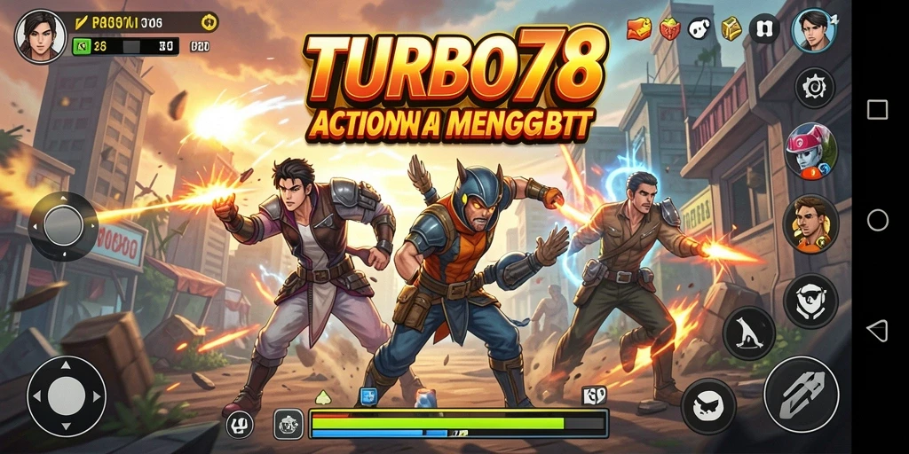 Tangkapan layar utama TURBO78 menampilkan aksi pertarungan yang mendebarkan.